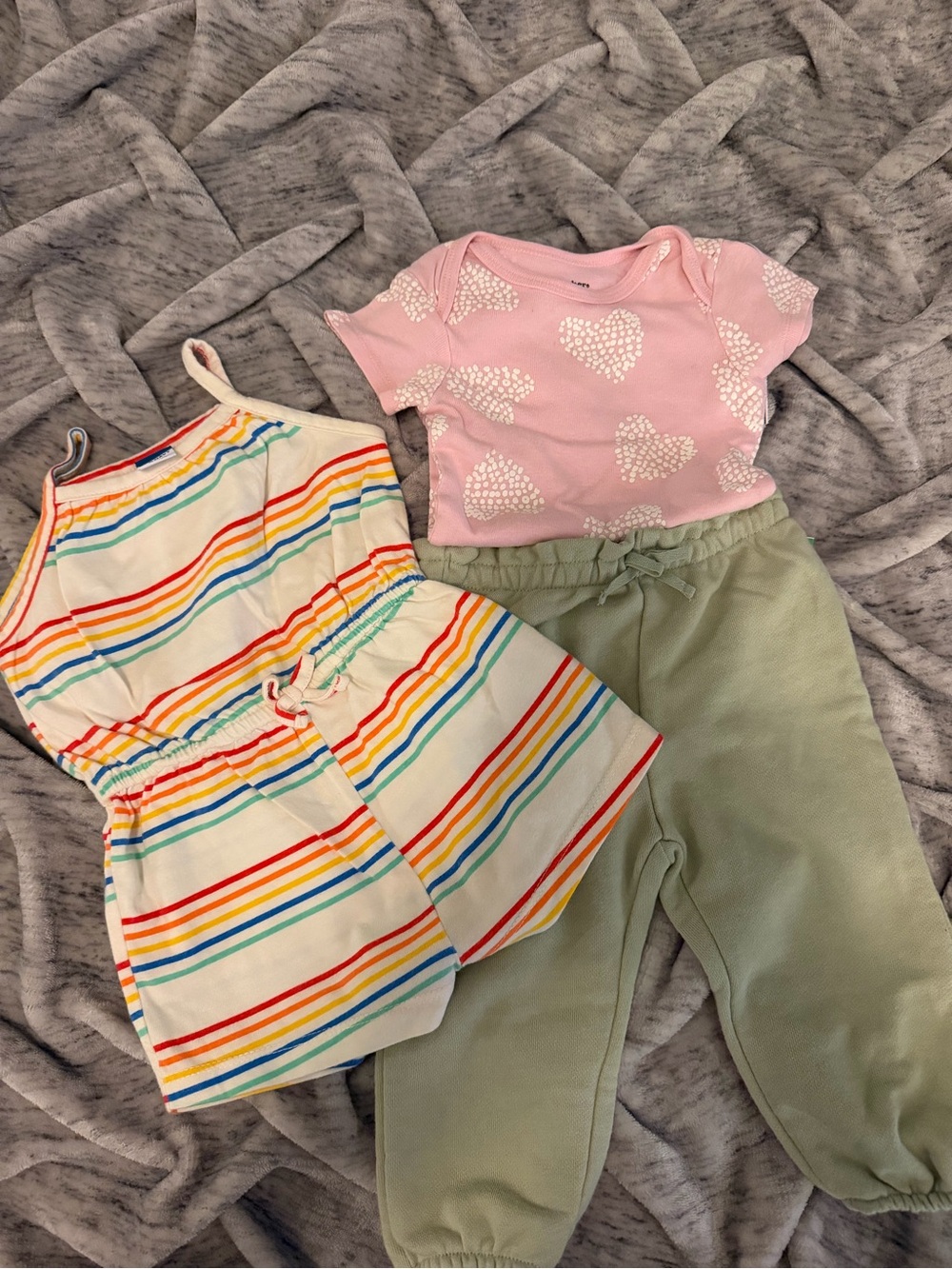 Baby 6-12 Months Stripe Romper + Pink Heart Onesie + Sage Joggers Set